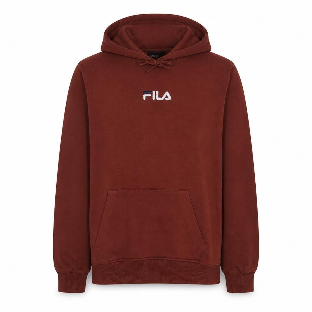 Front view of Fila men’s brown pullover hoodie xl regular fit logo fleece
