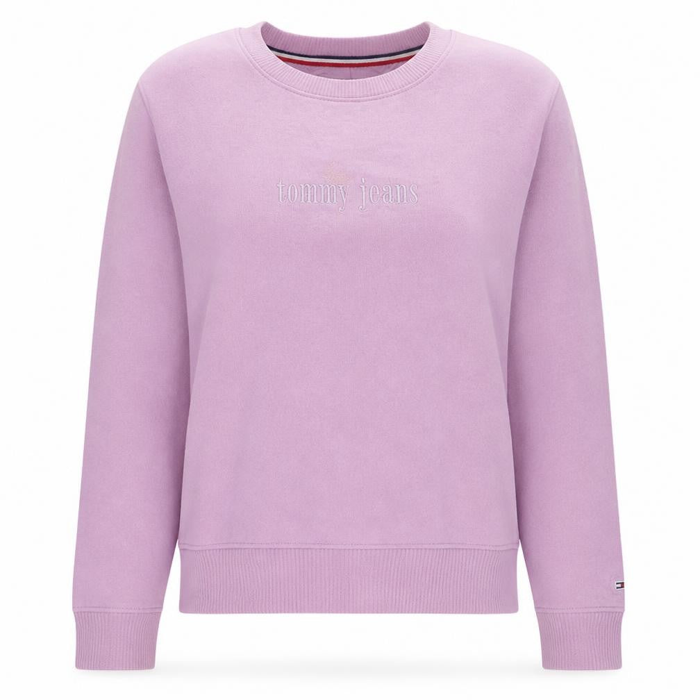 Front view of Tommy Jeans women’s pink crew neck pullover sweatshirt, size M