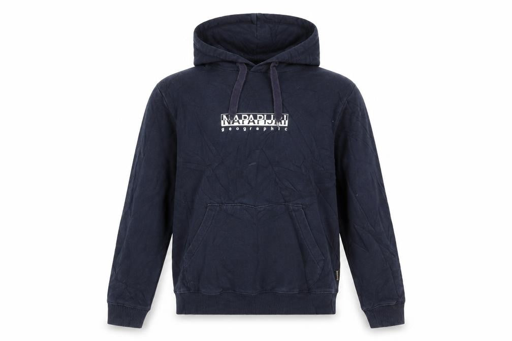 Front view of Napapijri Men's Blue XS Pullover Hoodie with Logo Print