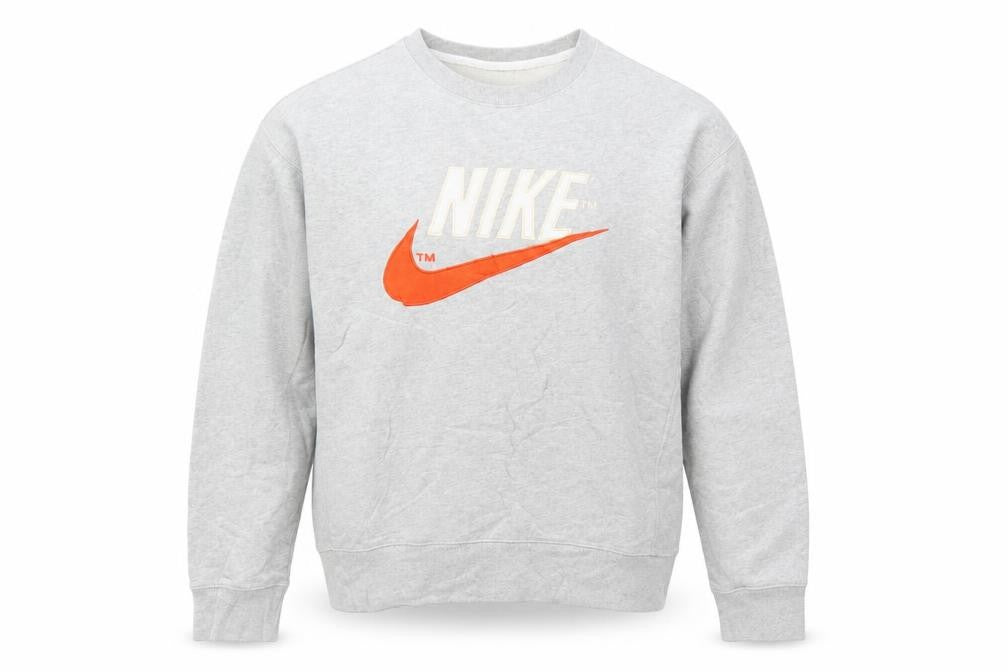 Front view of Nike Men's Grey Small Pullover Crew Neck Logo Sweatshirt