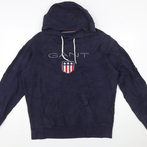 GANT Men's Blue Pullover Hoodie XL Logo Embroidered Fleece