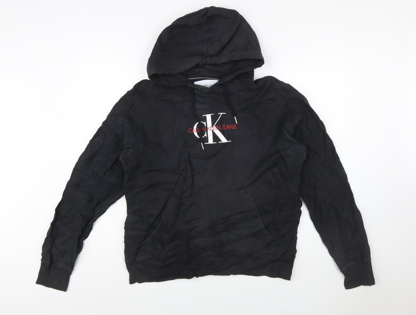 Calvin Klein Jeans Mens Black Pullover Hoodie L Logo Fleece