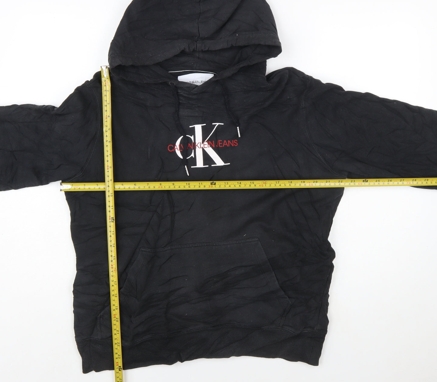 Calvin Klein Jeans Mens Black Pullover Hoodie L Logo Fleece