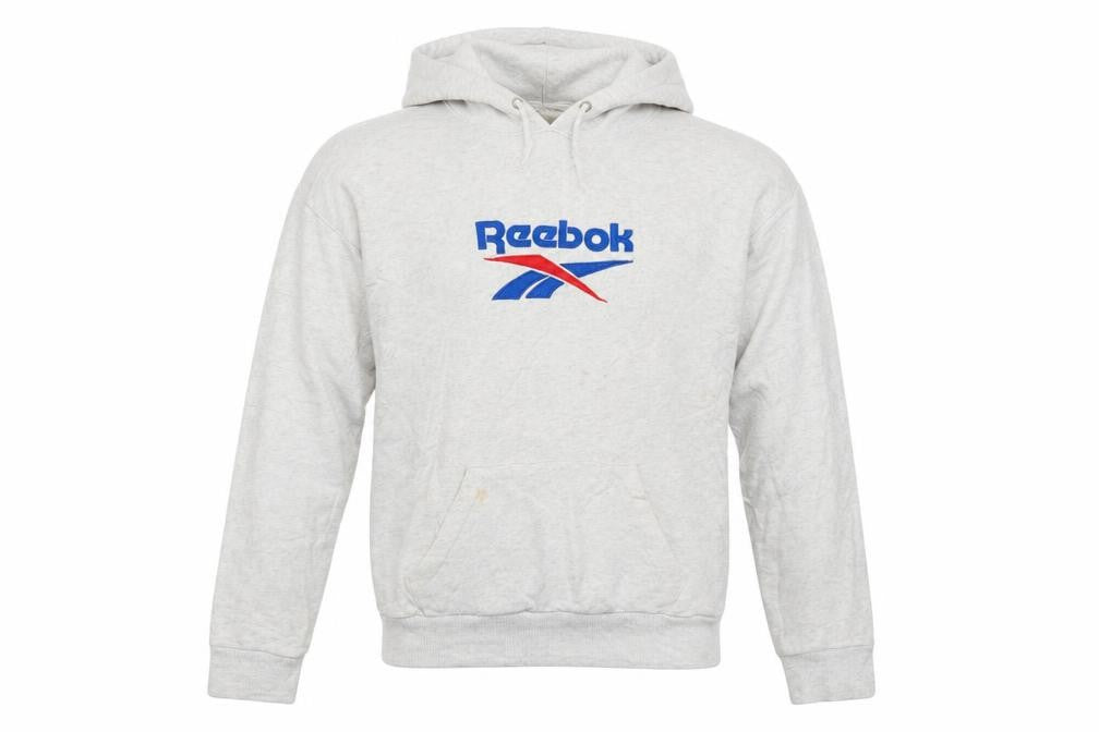Front view of Reebok men’s grey xs pullover hoodie classic logo cotton sweatshirt