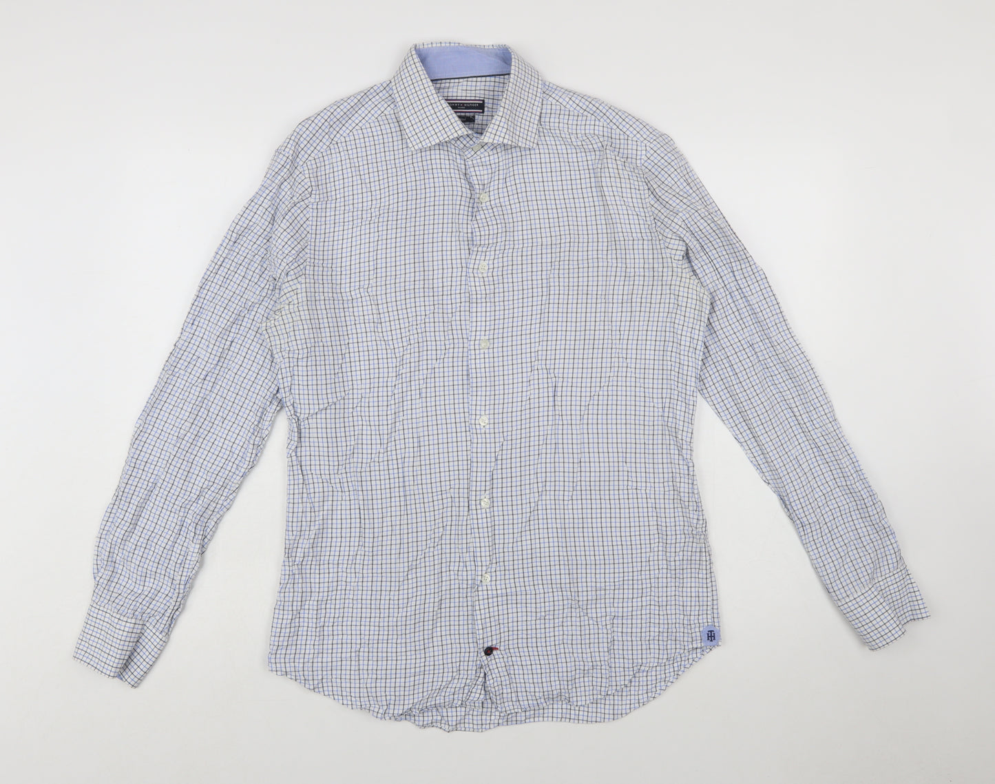 Tommy Hilfiger Men’s Blue Check Slim Fit Long Sleeve Cotton Shirt 15.75