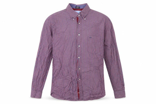 Front view of Paul & Shark Men’s Red Blue Striped Long Sleeve Cotton Button-Up Shirt, size L
