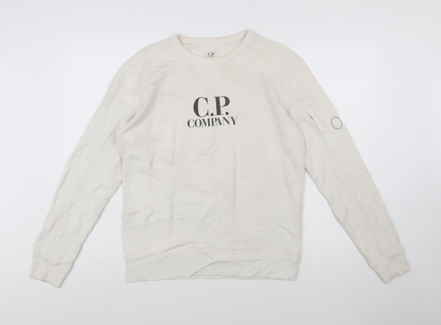 C.P. Company Boys Beige 14 Years Pullover Sweatshirt Logo Cotton Crew Neck