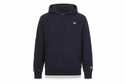Front view of Champion Men's Blue Pullover Hoodie Small Logo Sweatshirt