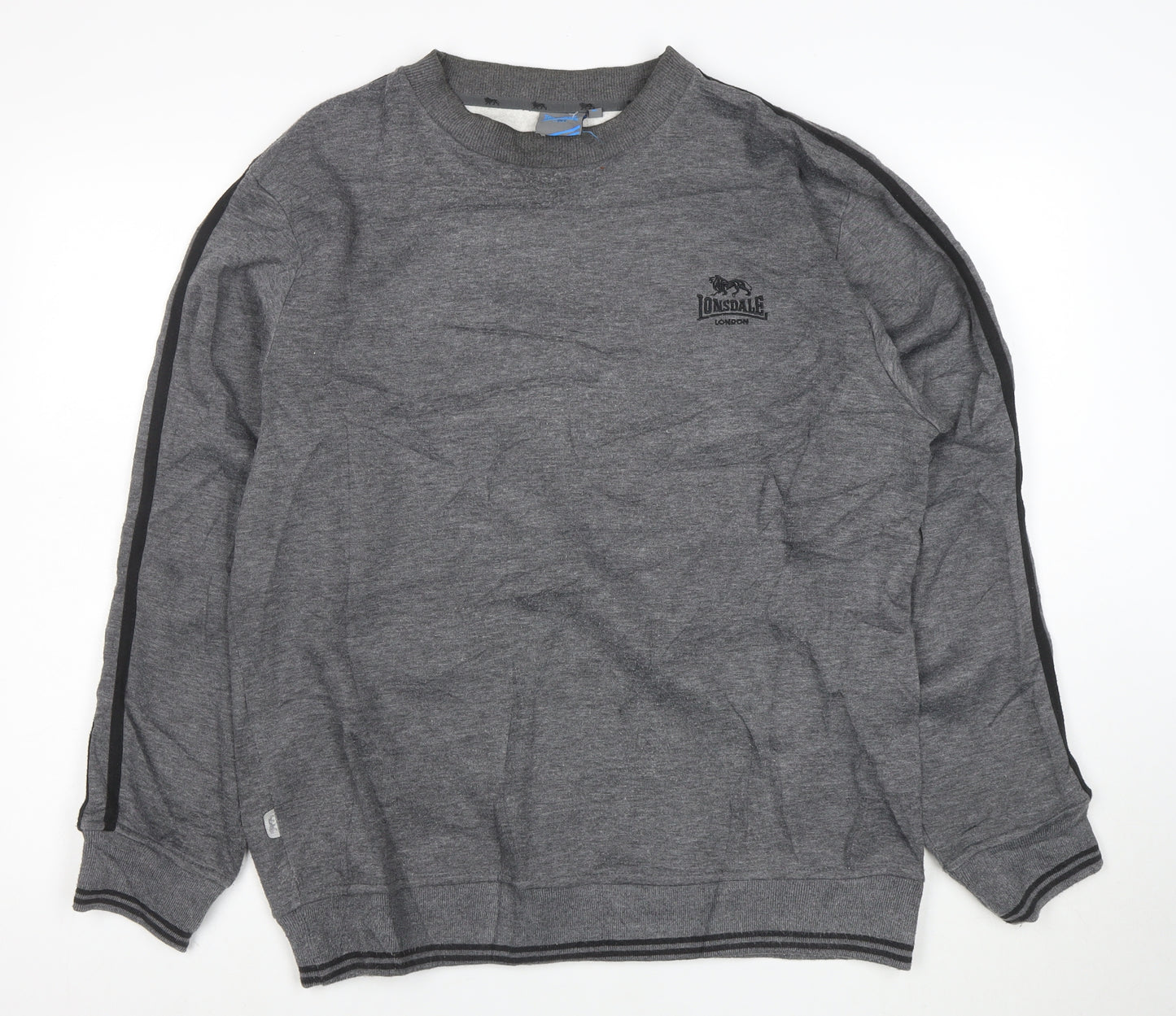 Lonsdale Men Grey Pullover Sweatshirt L Logo Sports Crew Neck