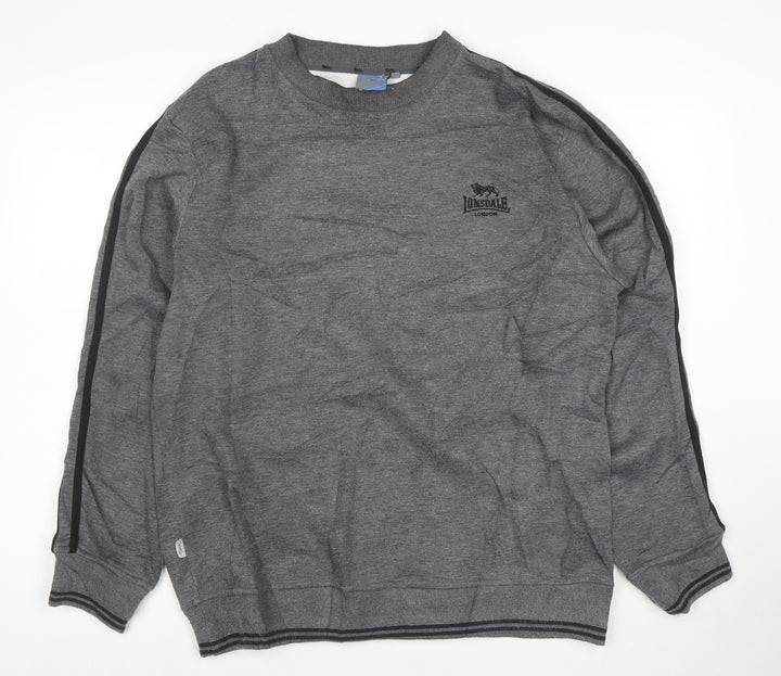 Lonsdale Men Grey Pullover Sweatshirt L Logo Sports Crew Neck