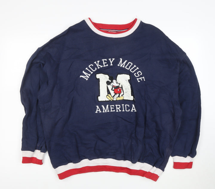 Disney Men's Blue Mickey Mouse America Sweatshirt S Crew Neck Pullover