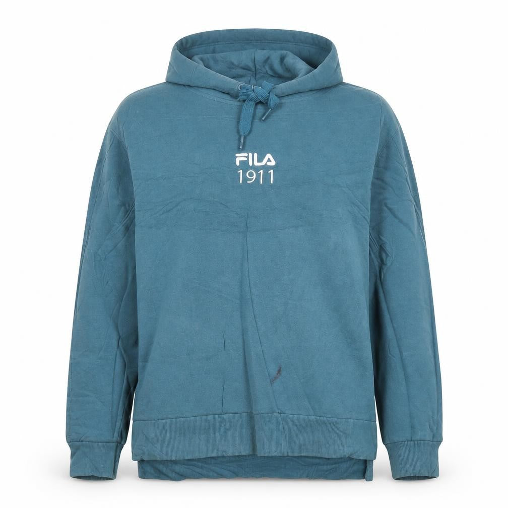 Front view of Fila women’s blue, size UK 12, pullover hoodie 1911 logo cotton blend