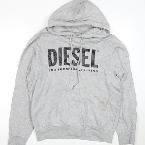 Diesel Men's Grey Logo Pullover Hoodie Size M Cotton Long Sleeve