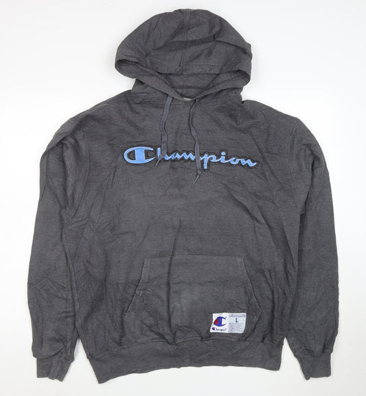 Champion Men's Grey Pullover Hoodie L Logo Embroidered Sportswear