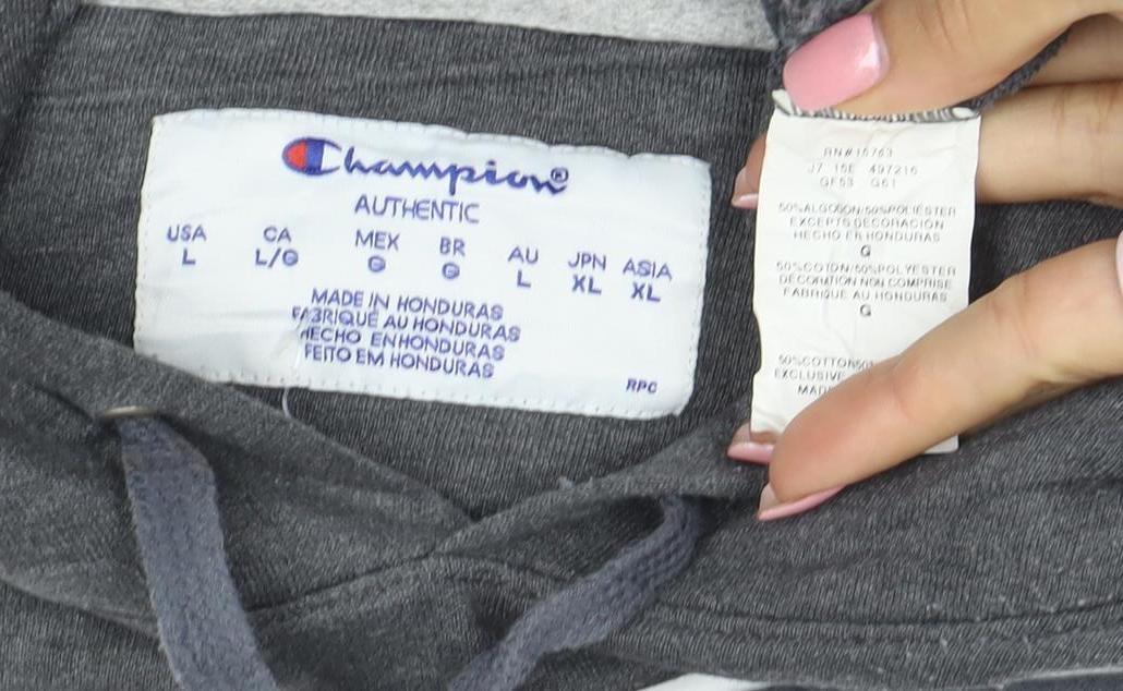 Champion Men's Grey Pullover Hoodie L Logo Embroidered Sportswear