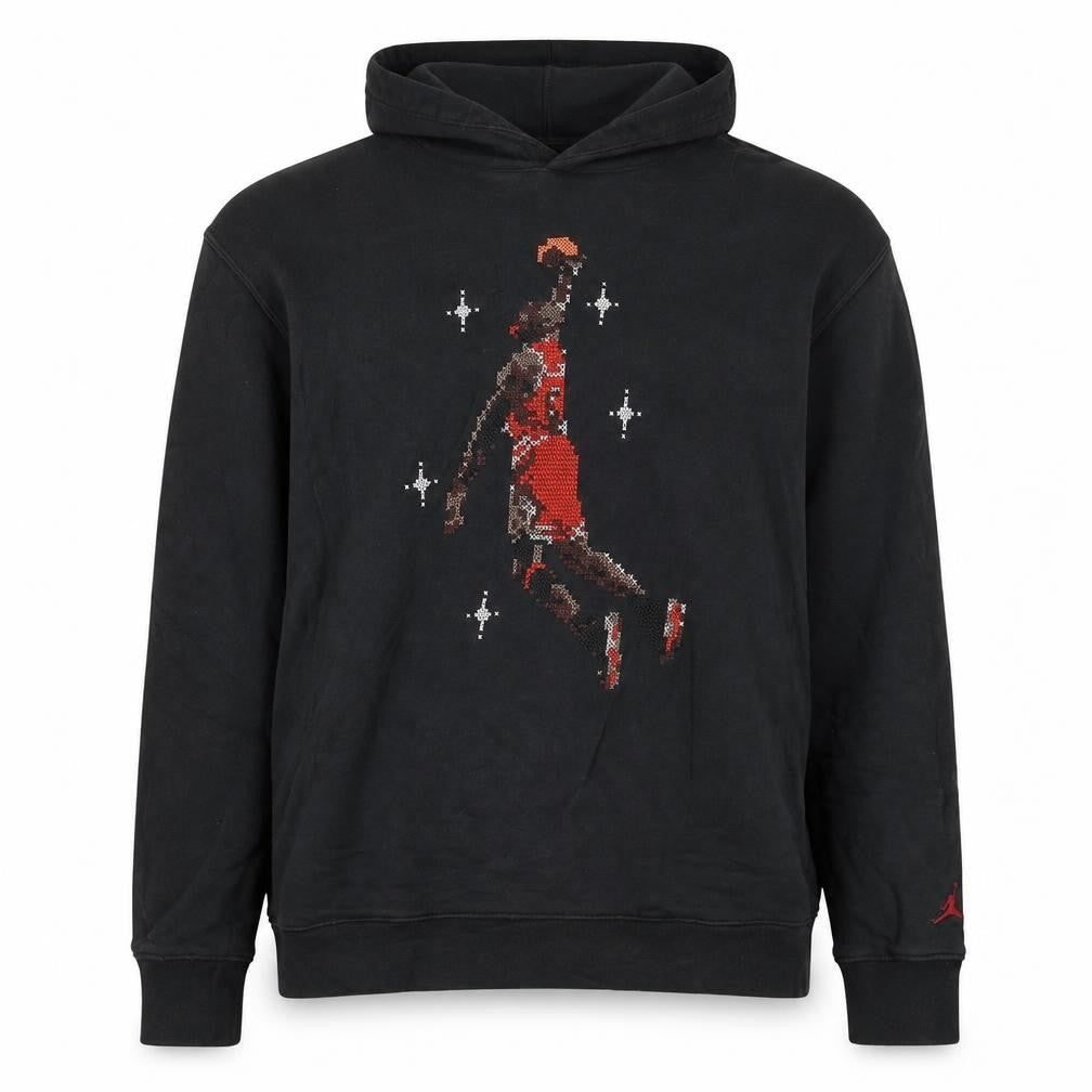 Front view of Jordan men’s black m pullover hoodie graphic print basketball style