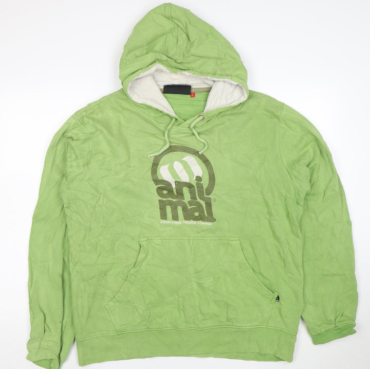 Animal Mens Green Pullover Hoodie L Graphic Print Cotton