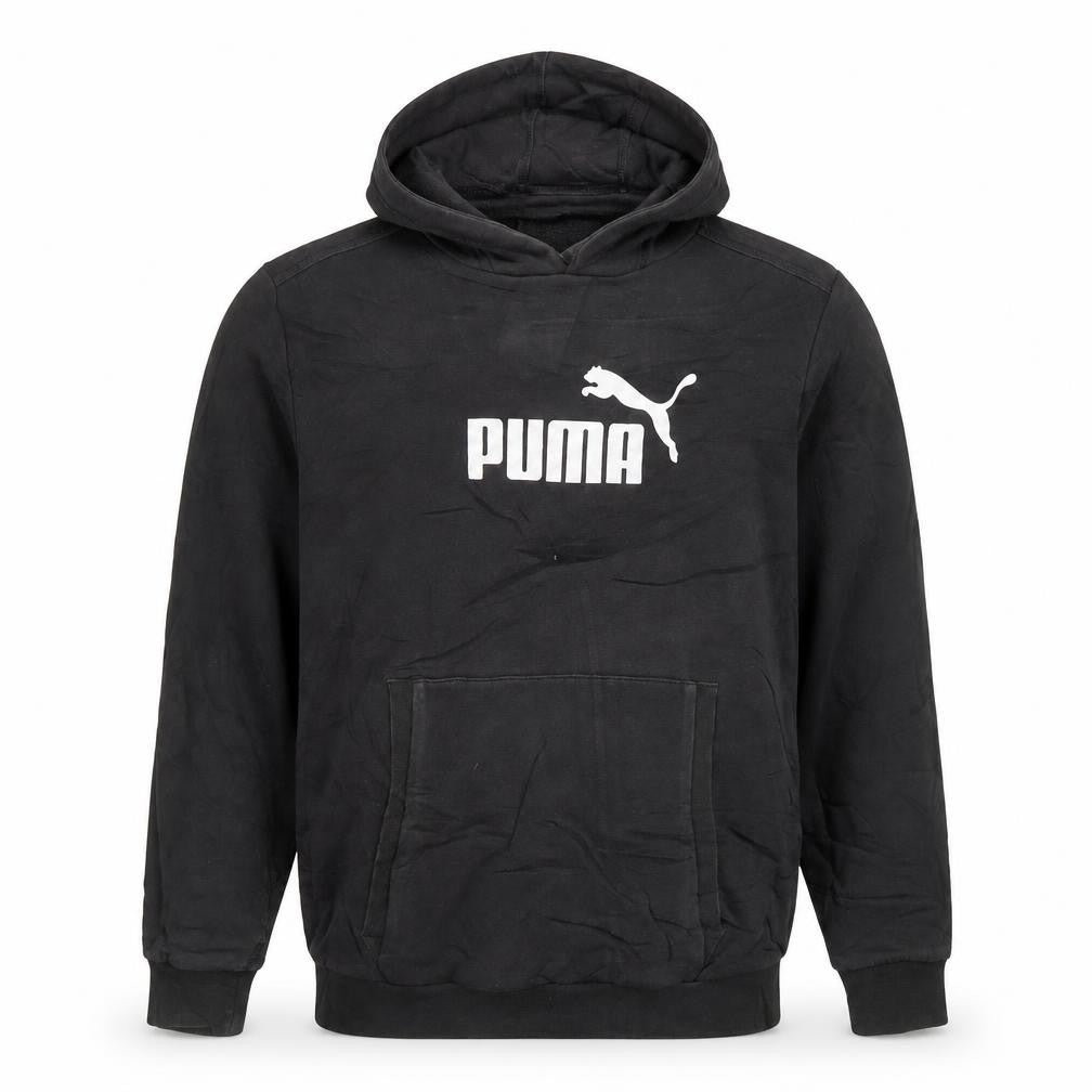 Front view of Puma men’s black xl pullover hoodie with logo front