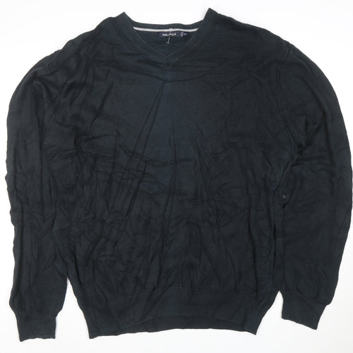 Nautica Men's Black Cotton V-Neck Jumper XXL Classic Knit