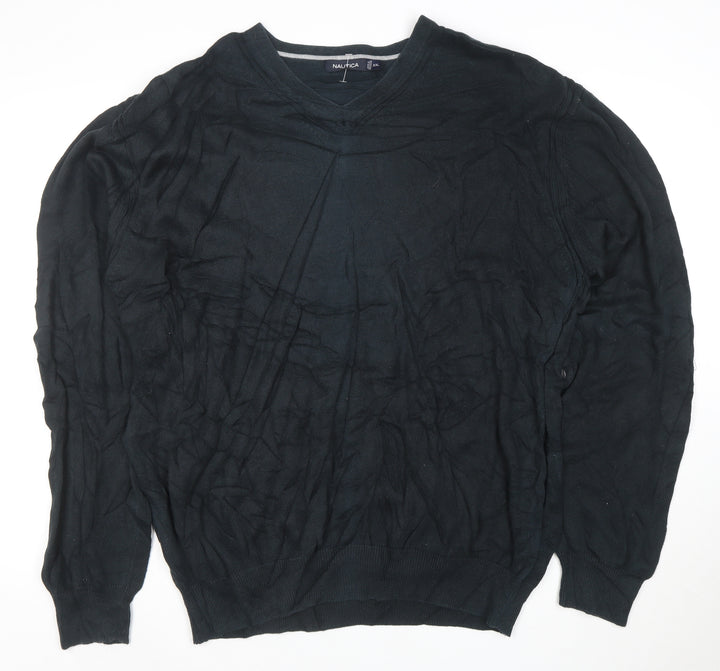 Nautica Men's Black Cotton V-Neck Jumper XXL Classic Knit