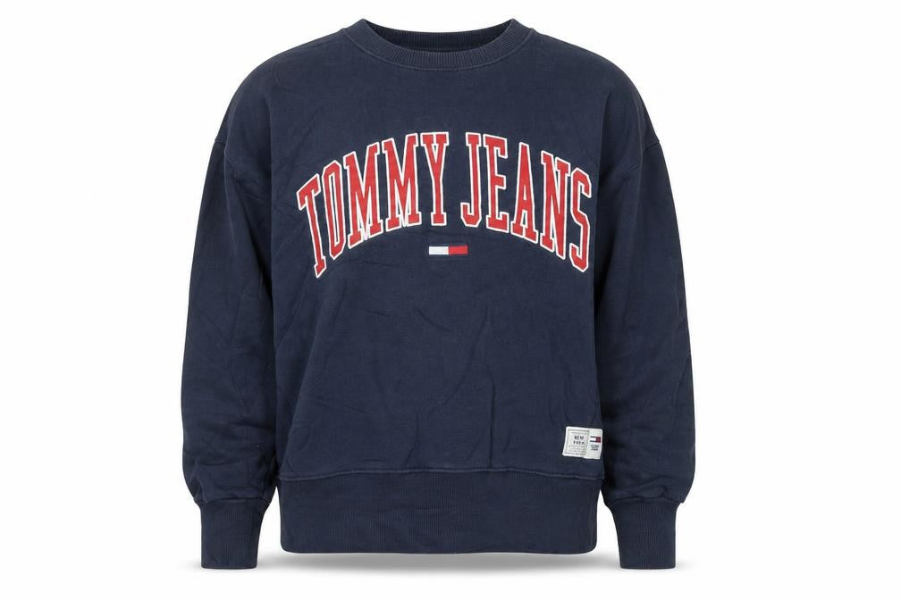 Front view of Tommy Jeans Women's Navy Pullover Sweatshirt Small Cotton Blend Logo Crewneck