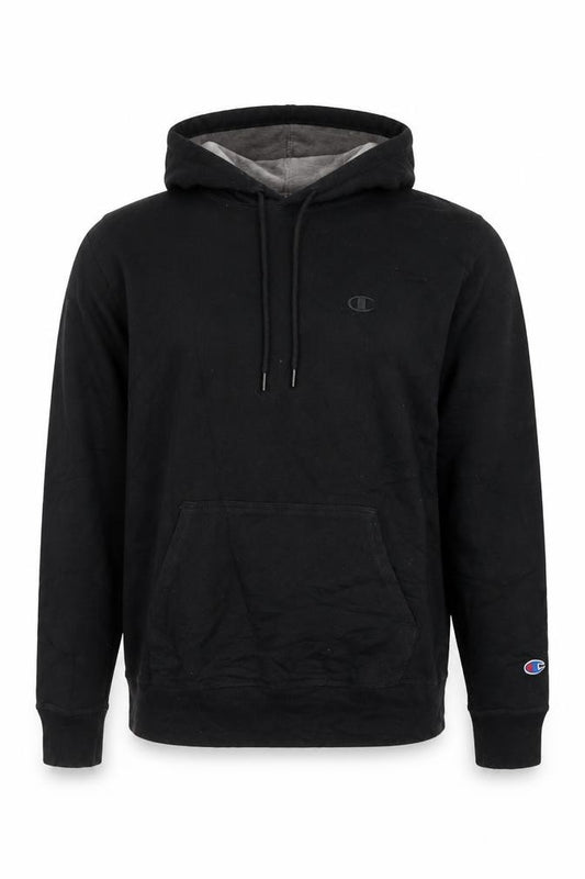Front view of Champion Men's Black Pullover Hoodie Medium Fleece Sweatshirt
