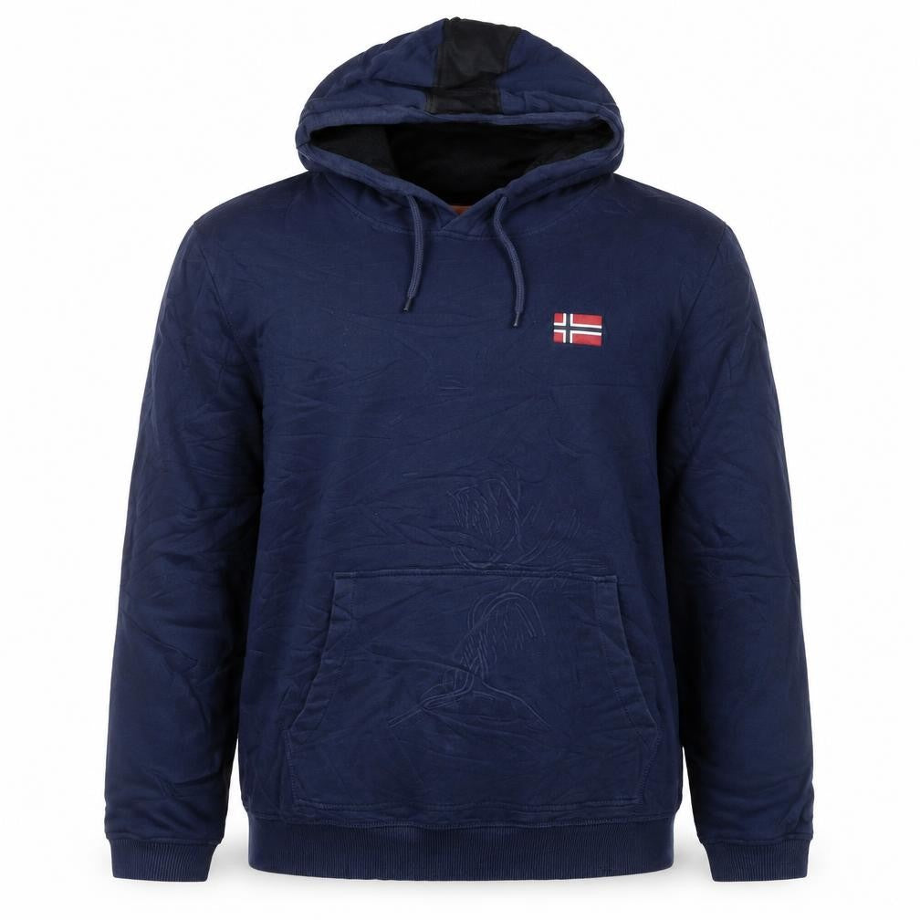Front view of Napapijri Men Blue Pullover Hoodie L Logo Outdoor Cotton Blend
