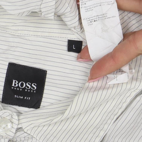 BOSS Hugo Boss Men's White Slim Fit Striped Long Sleeve Shirt Size L