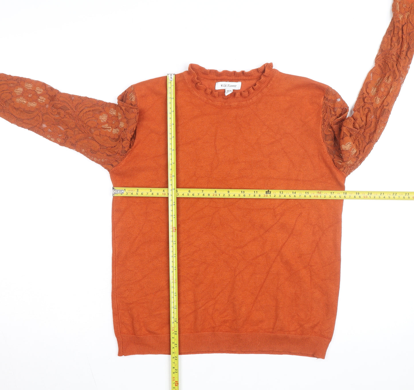 Wild Flower Women's Orange Lace Sleeve Pullover Jumper Size M