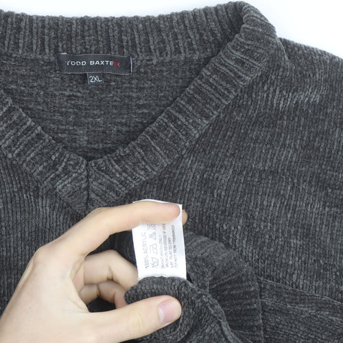 Todd Baxter Men's Grey 2XL V-Neck Chunky Knit Acrylic Jumper