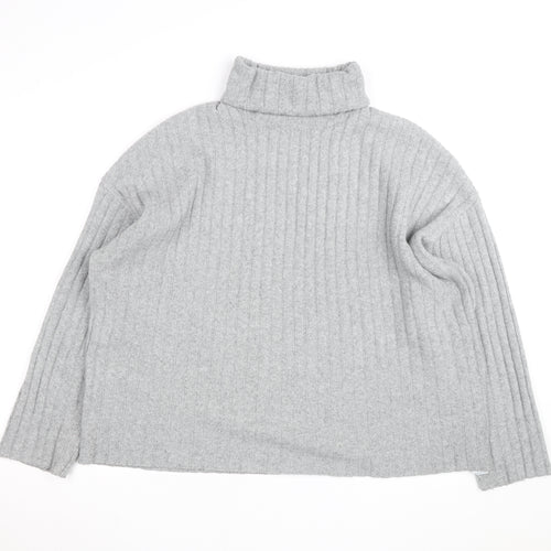 Bershka Women Grey Roll Neck Ribbed Knit Jumper Size L