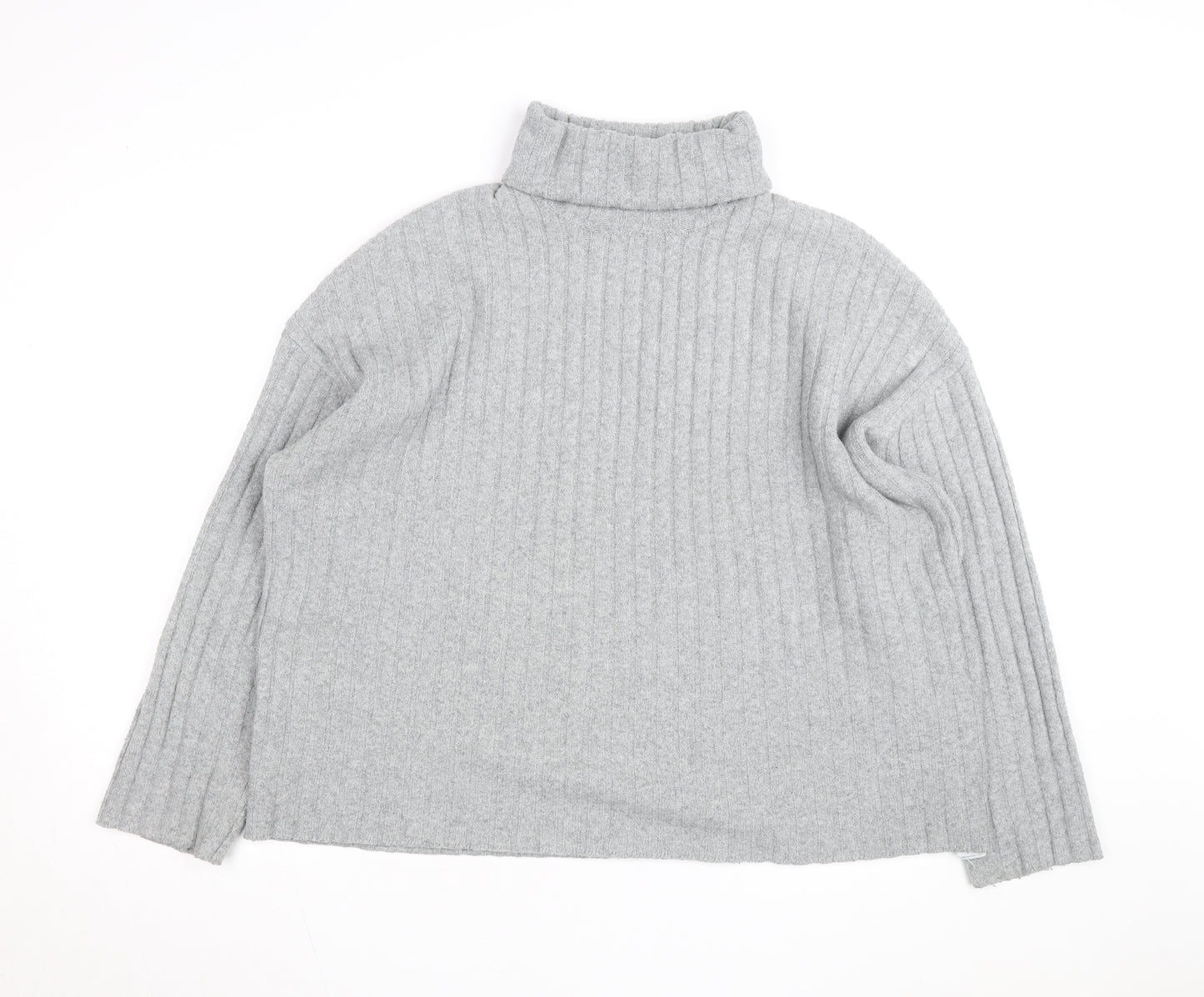 Bershka Women Grey Roll Neck Ribbed Knit Jumper Size L