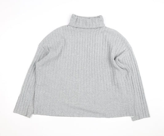 Bershka Women Grey Roll Neck Ribbed Knit Jumper Size L