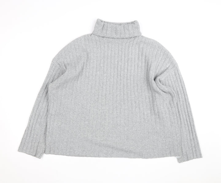 Bershka Women Grey Roll Neck Ribbed Knit Jumper Size L