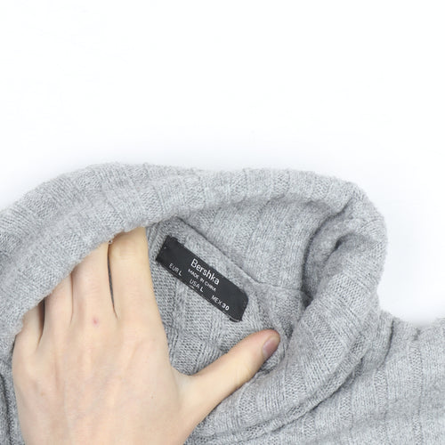 Bershka Women Grey Roll Neck Ribbed Knit Jumper Size L