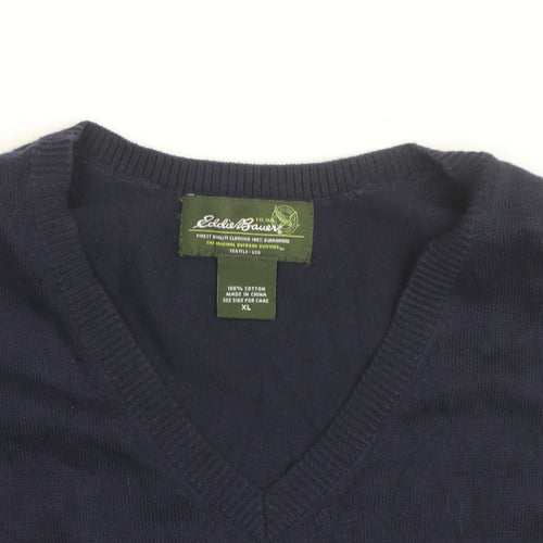 Eddie Bauer Men Blue XL V-Neck Sleeveless Cotton Knit Vest
