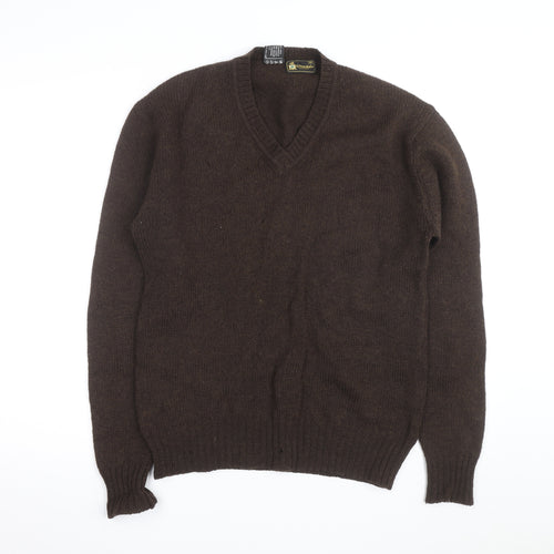 Grendale Mens Brown Wool V-Neck Jumper with Elbow Patches Size M
