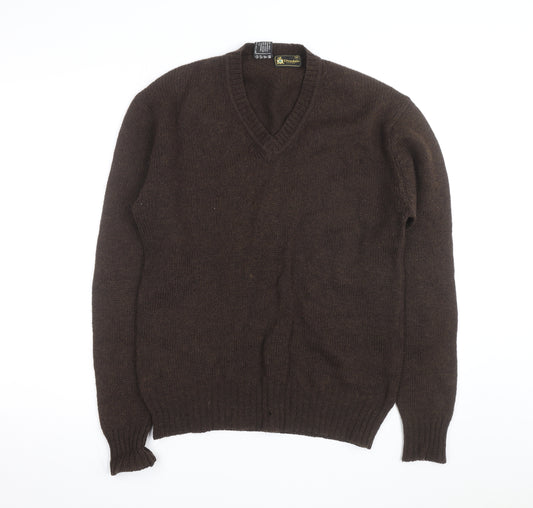 Grendale Mens Brown Wool V-Neck Jumper with Elbow Patches Size M
