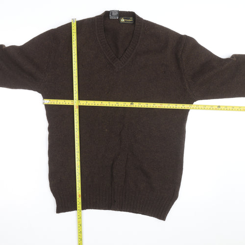 Grendale Mens Brown Wool V-Neck Jumper with Elbow Patches Size M