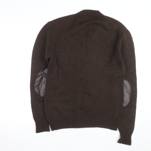 Grendale Mens Brown Wool V-Neck Jumper with Elbow Patches Size M