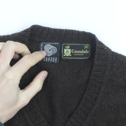 Grendale Mens Brown Wool V-Neck Jumper with Elbow Patches Size M