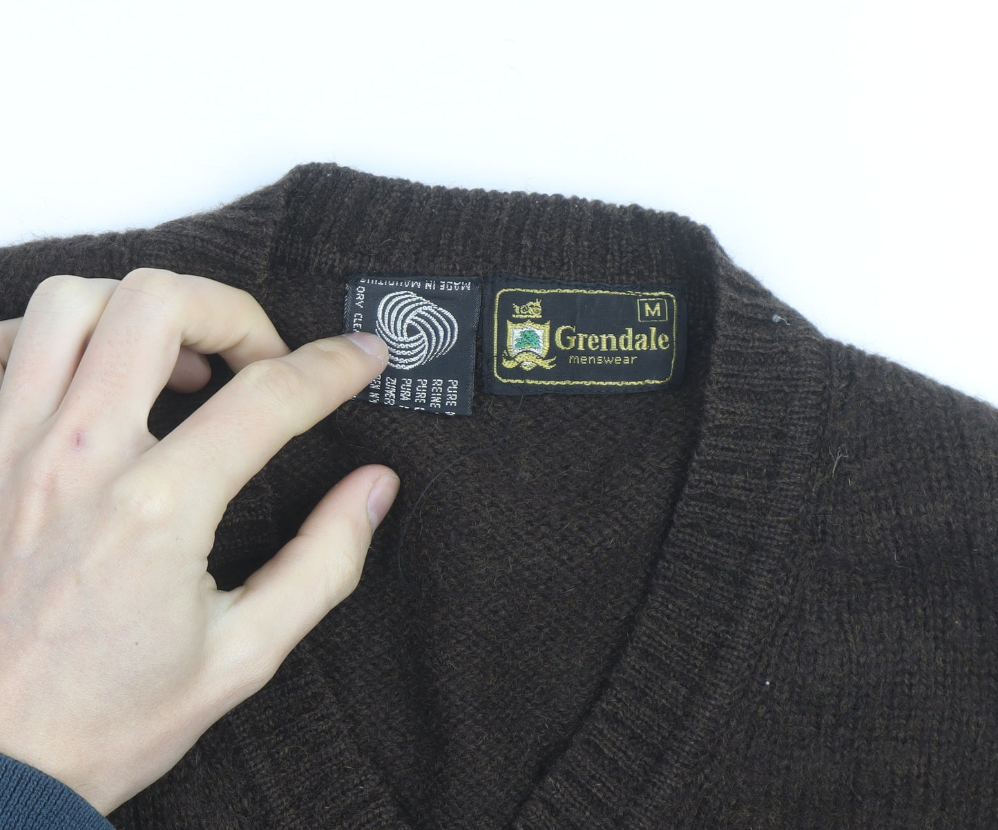 Grendale Mens Brown Wool V-Neck Jumper with Elbow Patches Size M