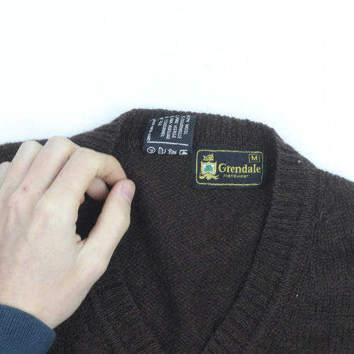 Grendale Mens Brown Wool V-Neck Jumper with Elbow Patches Size M