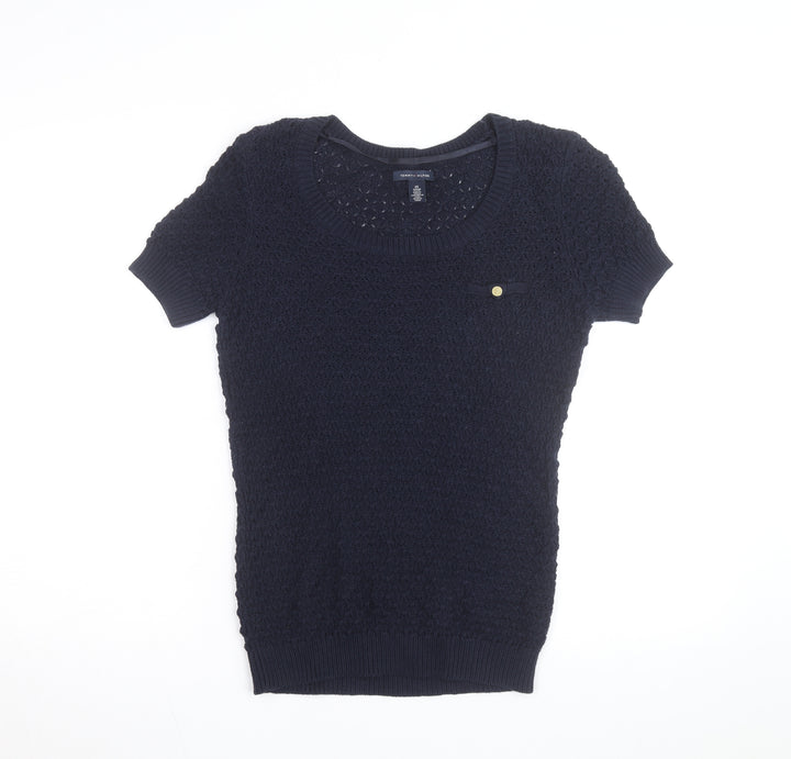 Tommy Hilfiger Women's Blue XS Open-Knit Short Sleeve Jumper