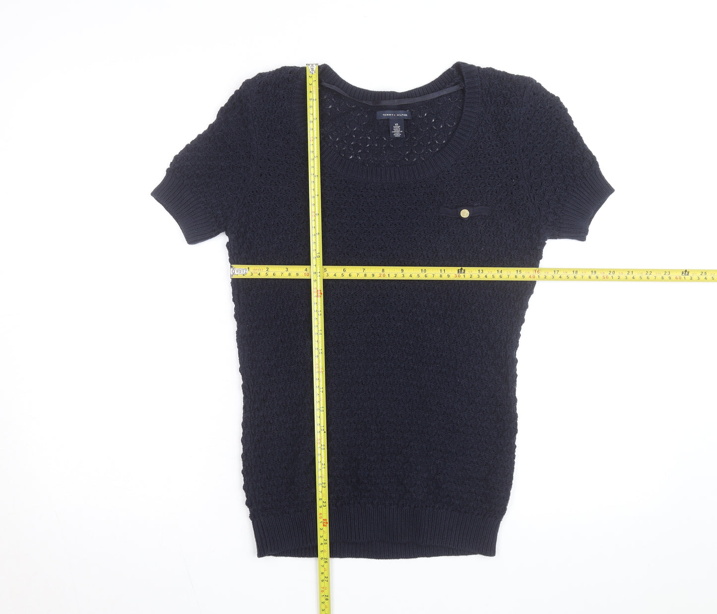 Tommy Hilfiger Women's Blue XS Open-Knit Short Sleeve Jumper