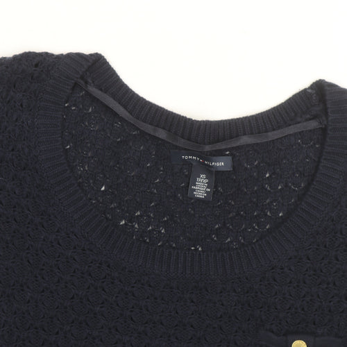 Tommy Hilfiger Women's Blue XS Open-Knit Short Sleeve Jumper