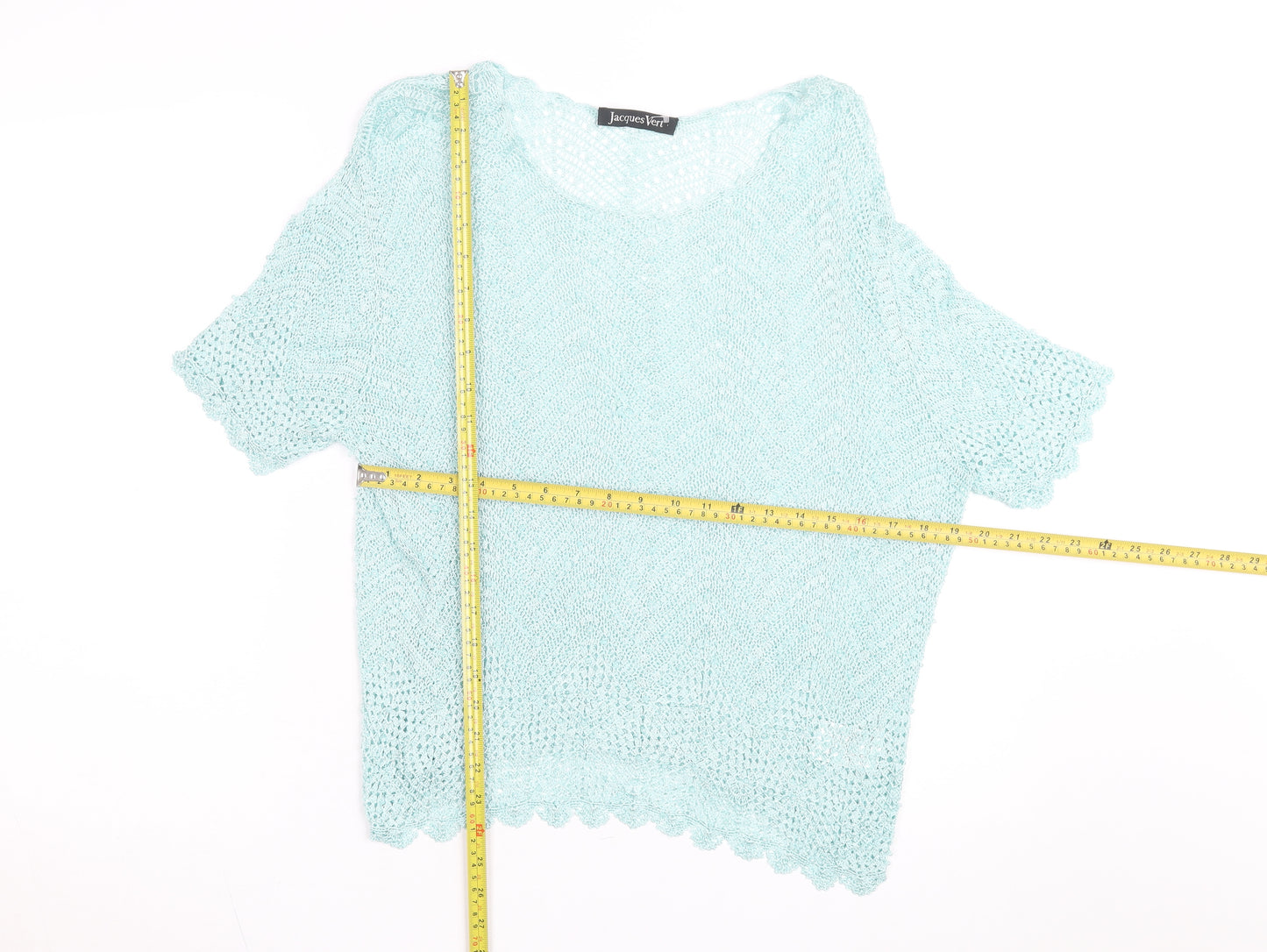 Jacques Vert Women's Blue Open-Knit Short Sleeve Pullover Jumper L