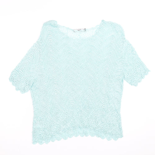 Jacques Vert Women's Blue Open-Knit Short Sleeve Pullover Jumper L
