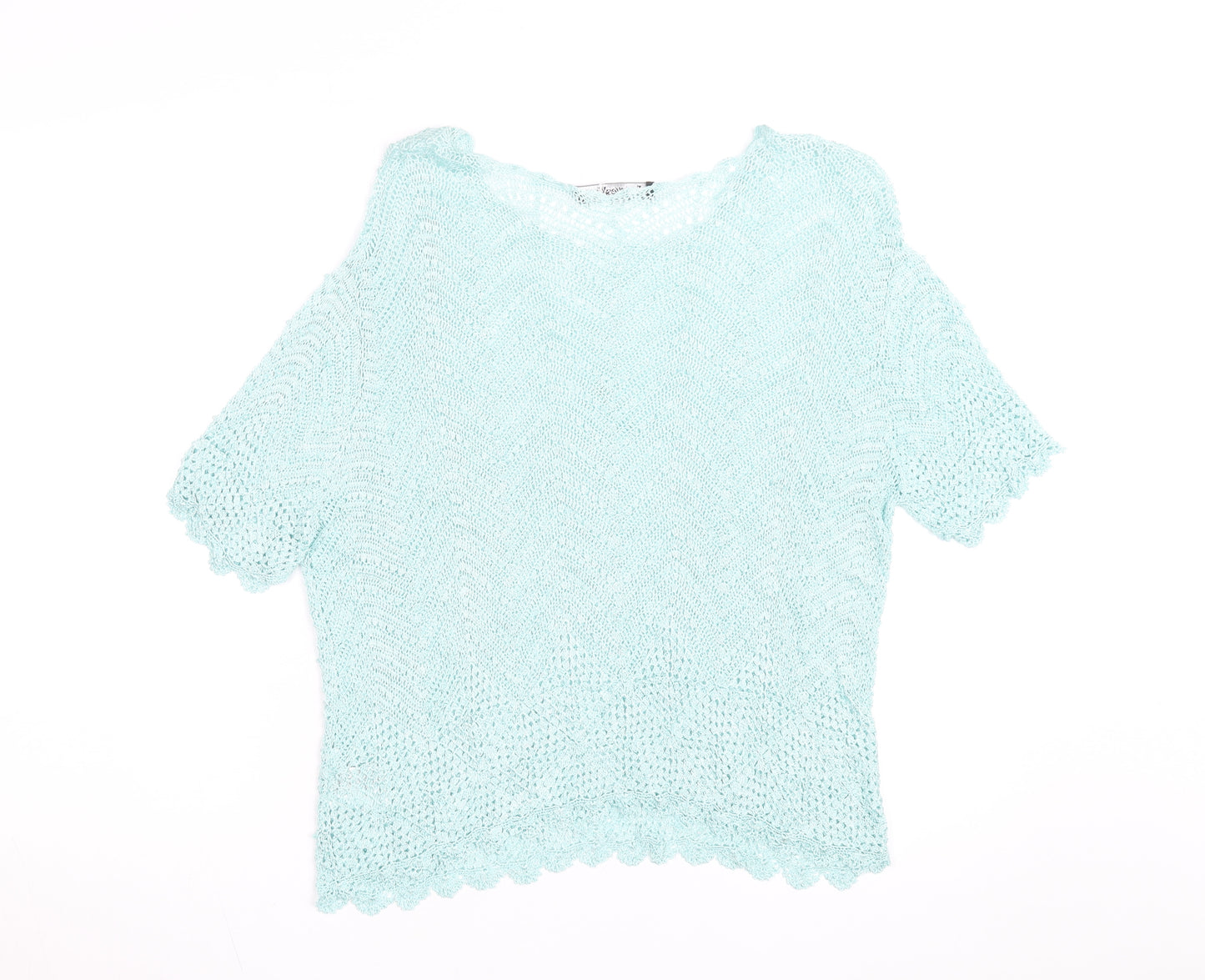 Jacques Vert Women's Blue Open-Knit Short Sleeve Pullover Jumper L