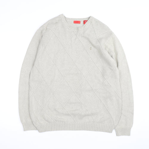 Izod Men's Beige Cotton Argyle Crew Neck Jumper Size L